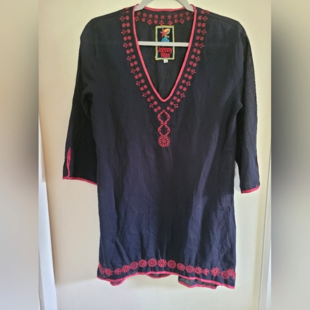Johnny Was Black Tunic Top XS Red Sheer Cotton Boho Artsy Embroidered Swim Cover